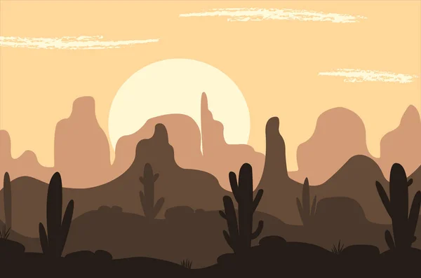 Ορεινή Έρημο Ηλιοβασίλεμα Και Κάκτος Τοπίο Εικονογράφηση Εικονογράφηση Διανυσμάτων Φόντο — Διανυσματικό Αρχείο