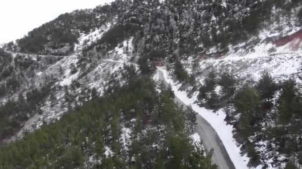 Śnieżne górskie zwroty. Szczyty górskie w śniegu z pustą drogą samochodową i lasem sosnowym — Wideo stockowe