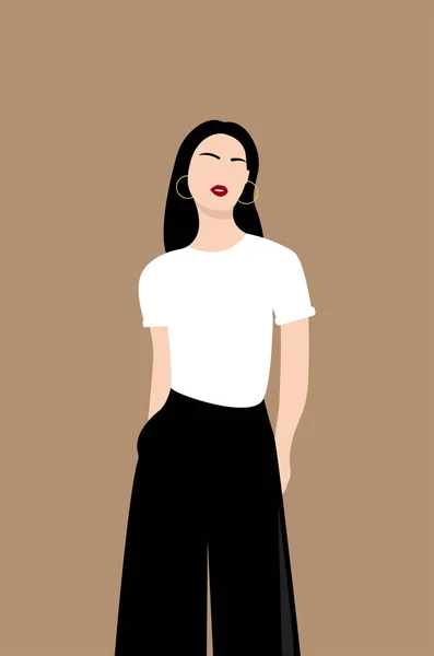 Havalı yaz kıyafetleri giymiş bir kadın. Moda tarzı. Beyaz tişört ve siyah pantolon giyen kırmızı dudaklı esmer kadının portresi. Vektör illüstrasyonu