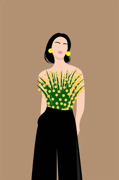 Bir buket çiçekli mutlu kız. Uluslararası Kadınlar Günü 'n kutlu olsun. Bahar tatili vektör çizimi. Çiçekli tatlı kız.