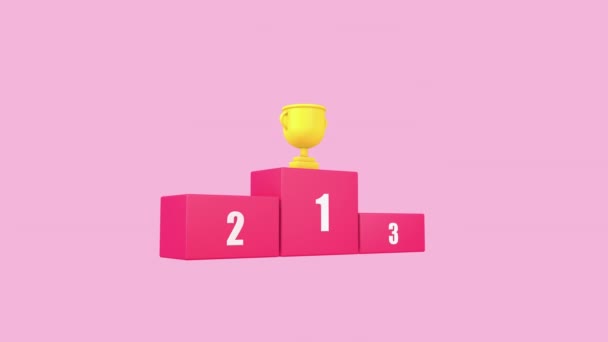 優勝者アイコンの表彰台の動き 3Dレンダリングループ ピンクの背景に隔離されたスポーツ勝者表彰台のアイコン 死神の動き — ストック動画