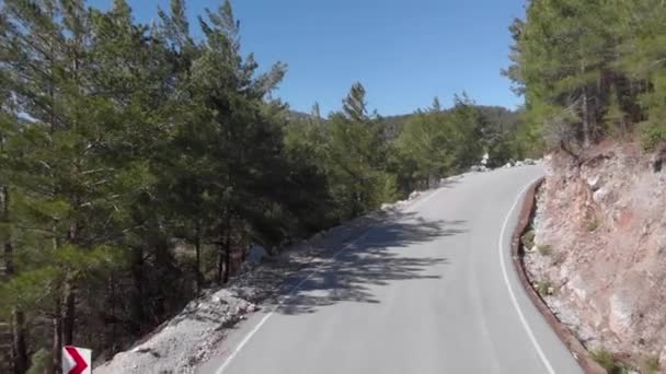 Svuota stretta tortuosa strada di montagna circondata da verdi pinete e rocce. Volo su strada panoramica auto di ritorno — Video Stock