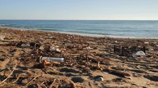Poluição na costa. Lixo plástico e lixo na praia de areia. Garrafas de plástico usadas no litoral — Vídeo de Stock