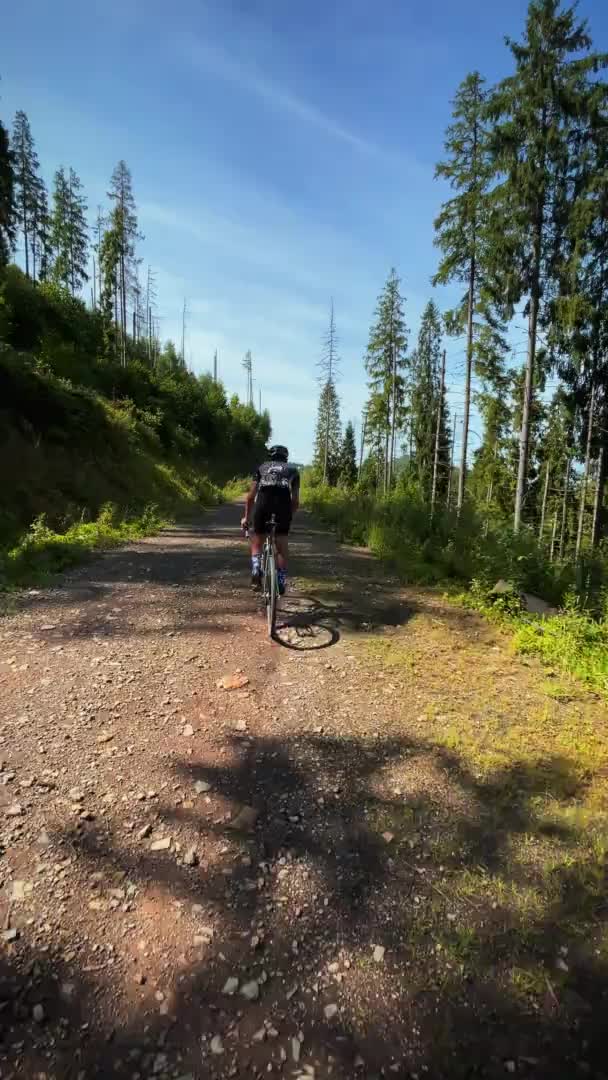 Kiezels fietsen. Fietstocht op onverharde weg in de bergen. Verticale video — Stockvideo