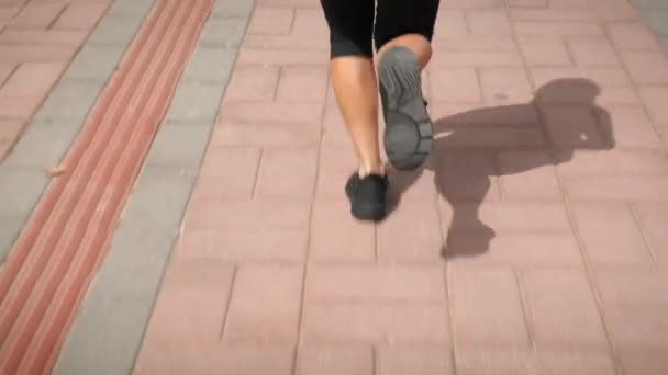 Legs of girl running on promenade. Athletic fit female legs jogging outdoors — Stock Video