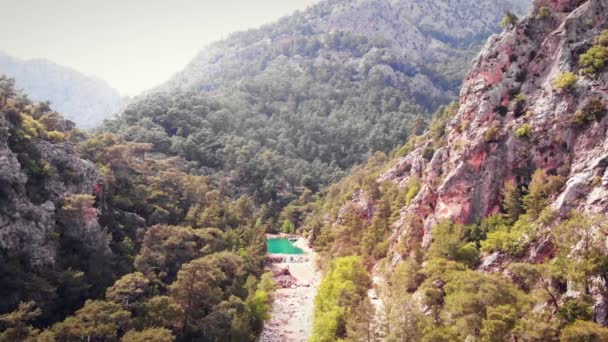 Mountain canyon with small mountain lake surrounded by green pine tree forest — Vídeos de Stock