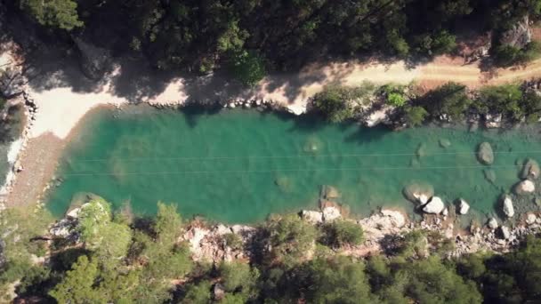 Rivière de montagne étroite avec eau turquoise claire, collines rocheuses et forêt verte — Video