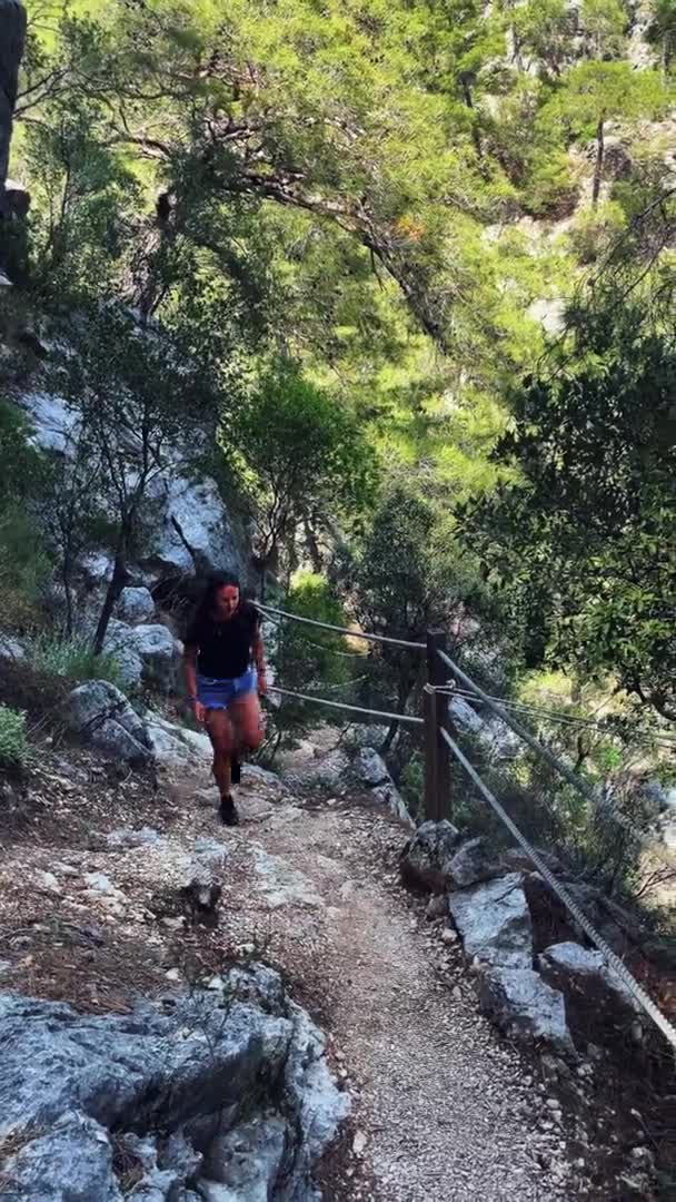 Girl hiking on top of mountain in summer day under sunlight. Vertical video — ストック動画