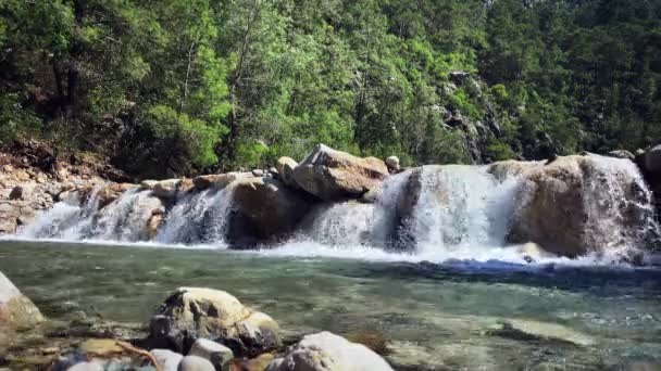 Small water waterfalls in mountains. Cascades of clear turquoise water in forest — Stock Video