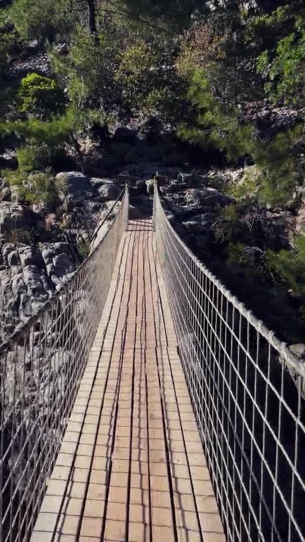 Walking along suspension bridge through deep mountain river. Vertical video — Stock Video