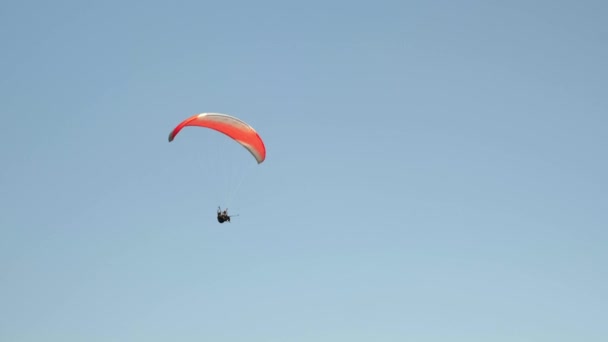 Paraquedas vermelhos a voar contra o céu azul claro. Parapente esportes radicais — Vídeo de Stock