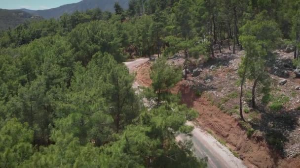 Cyclist cycling on bicycle on winding narrow mountain road at hot summer day — Stock videók