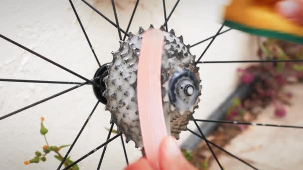Man washing and cleaning bike wheel and cassette using soap and washcloth — Stockvideo