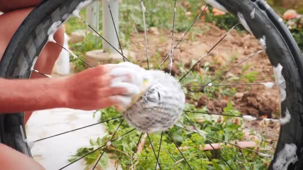 Maintenance bike. Bike mechanic washes bicycle wheel and cassette with soap foam — стоковое видео