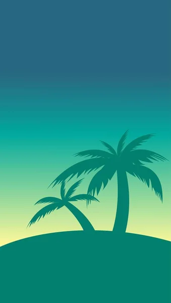 Gün batımında palmiye ağaçlarıyla vektör çizimi. Miami havası. Tropikal hindistan cevizi ağaçlarının renkli çizimi. Yaz tatili konsepti