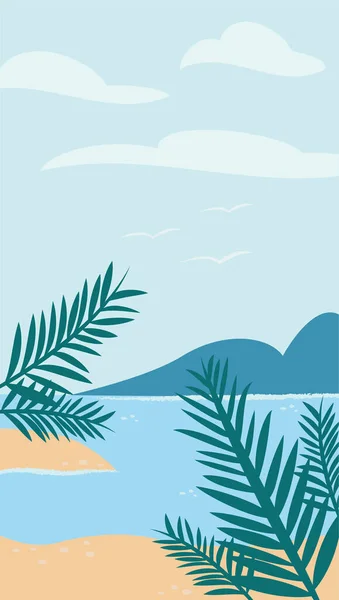 Palmiye yaprakları, okyanus ve gökyüzü olan plaj manzarası. Vektör çizimi. Deniz manzaralı palmiye yaprağı vektör arka planı. Yaz palmiyesi duvar kağıdı yaprakları