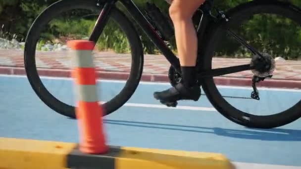 Rotation Des Roues Vélo Plein Soleil Matin Femme Vélo Sur — Video