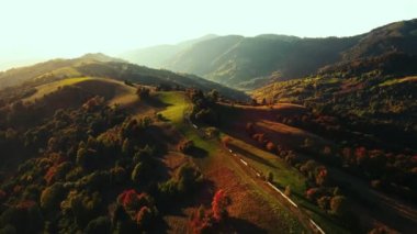 Güzel sonbahar dağ manzarası. Sarı ağaçlar ve dağ silsilesiyle sakin sonbahar manzarası. Sarı, kırmızı ve yeşil ağaçlar Dağ vadisinde gün ışığında