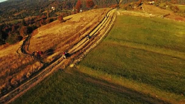 Atvライダーは山の中でクワッドバイクを運転 人々は山の丘の上にクワッドバイクに乗る クワッドバイクに乗る人々と夏の山の風景 — ストック動画