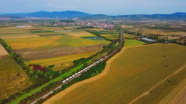 Locomotiva Elettrica Con Vagoni Ferroviari Merci Che Viaggiano Strada Ferroviaria — Video Stock
