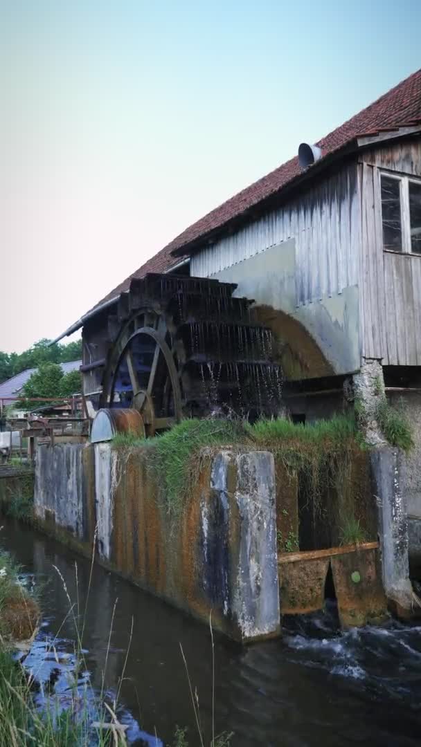 Old Wooden Water Mill Vertical Video Wooden Wheel Rotating Stream — Stock Video
