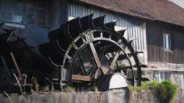 Alte Wasserradmühle Wasserrad Dreht Wasser Wasser Fällt Auf Das Alte — Stockvideo