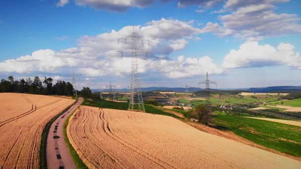Stromübertragungsmasten Auf Dem Land Moderne Hochspannungsmasten Feld Sendemasten Mit Stromleitungen — Stockvideo