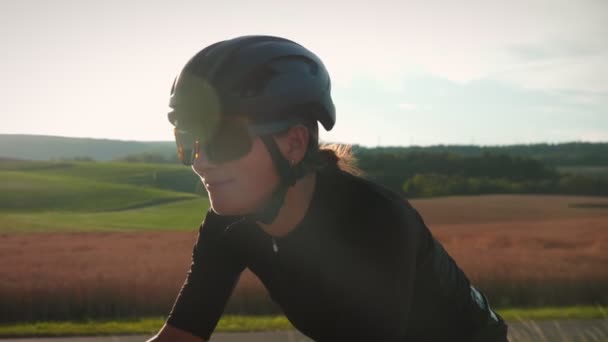 Portrait Professional Female Cyclist Black Helmet Sunglasses Cycling Concept Sportive — Video