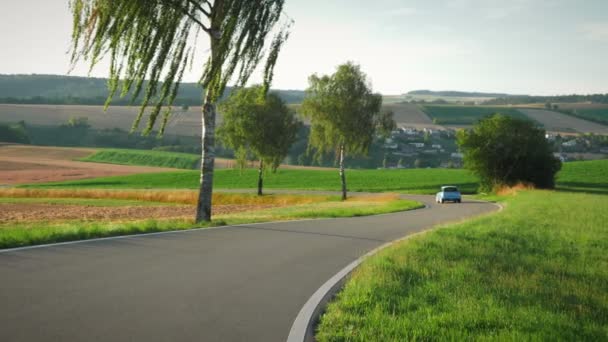 Car Driving Winding Hilly Asphalt Road Car Driving Fields Meadows — Vídeo de stock