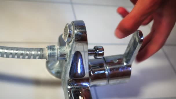 Hand Opening Shower Faucet Flowing Water Vertical Video Man Turning — Stock videók
