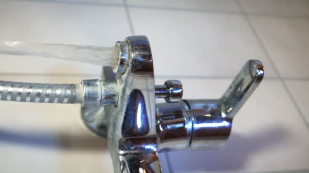 Hand Closing Shower Faucet Man Turning Water Bathroom Vertical Video — Vídeo de stock