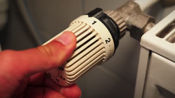 Hand Adjusting Temperature Heating Radiator Thermostat Man Turning Heat Radiator — Vídeo de Stock