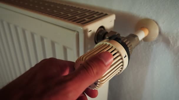 Hand Adjusting Temperature Radiator Man Turns Regulator Knob Radiator Thermostat — Vídeo de Stock