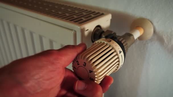 Man Turning Regulator Knob Radiator Thermostat Hand Turns Heat Regulator — Stockvideo