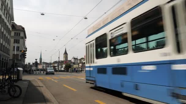 Passenger Tram Driving Old Center Town Zurich Switzerland Modern Train — Vídeo de Stock
