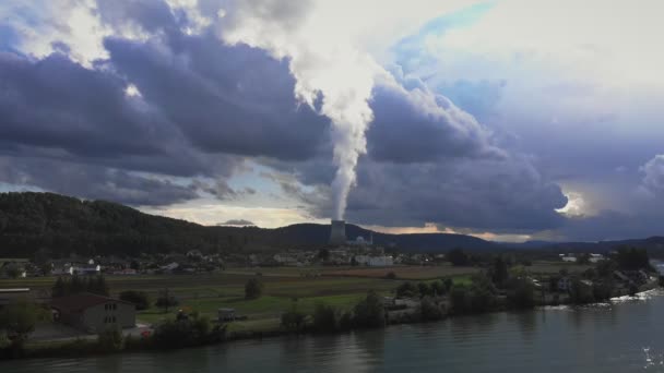 Nuclear Power Plant Sky Sunset Atomic Power Station Smokestack Mountains — Video Stock