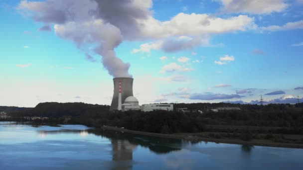 Nuclear Power Plant Sky River Smokestack Smoke Rising Air Nuclear — Video