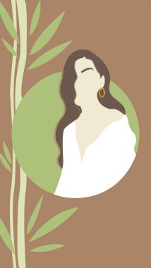 Yuvarlak, uzun kahverengi saçlı güzel bir kızın portresi. Vektör çizimi. Güzellik endüstrisinin Avatar 'ı. Model kadın, portre. Yüz simgesi. Kadın karakterler. Şık insanlar.