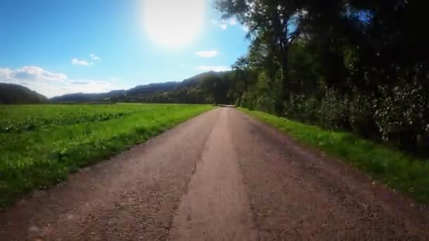 Κενός Ασφαλτοστρωμένος Δρόμος Στην Εξοχή Ανάμεσα Πράσινα Λιβάδια Ποδήλατο Ιππασίας — Αρχείο Βίντεο