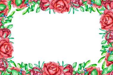 Çerçevesi güllerle ve güzel çiçeklerle suluboya el çizimiyle