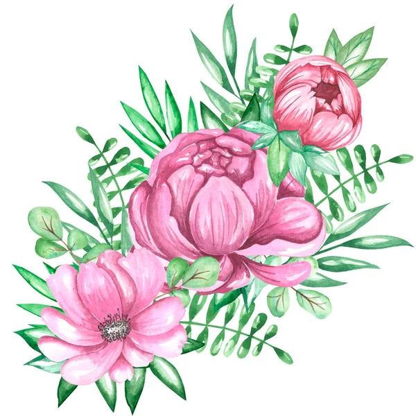Beautiful Watercolor Bouquet Garden Flowers — Stock Photo, Image