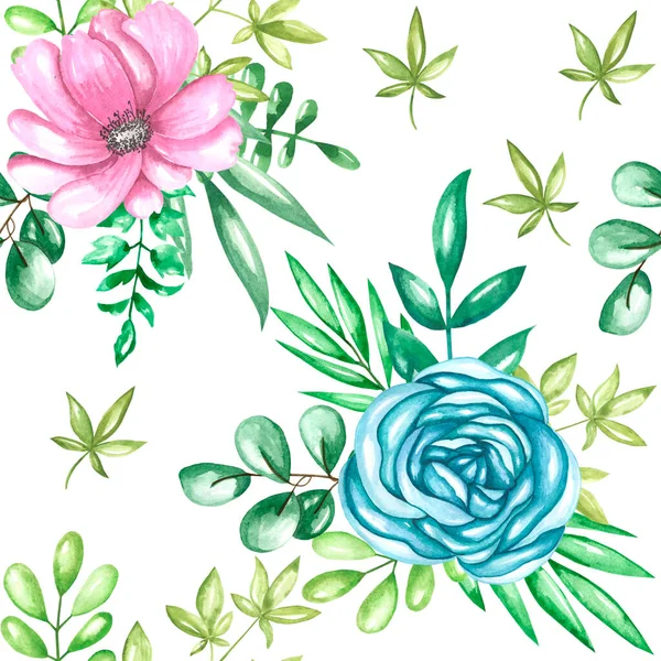 Watercolor Seamless Pattern Garden Flowers Rose Pionia — Stock Photo, Image