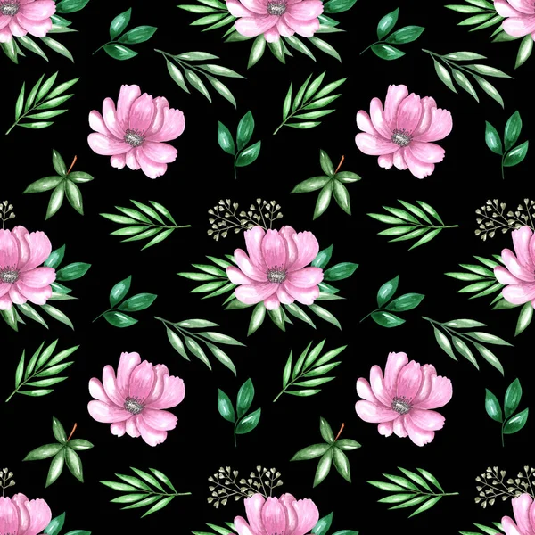 Watercolor Seamless Pattern Garden Flowers Rose Pionia — Stock Photo, Image