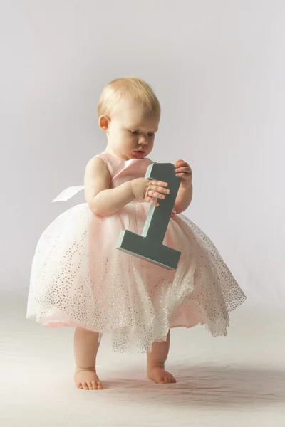 Toddler Girl Holding Number One for Birthday — Stock Photo, Image