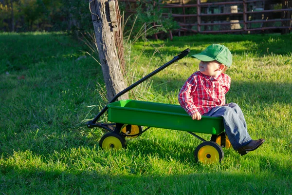 Junge sitzt in Spielzeugwagen auf der Weide Stockbild