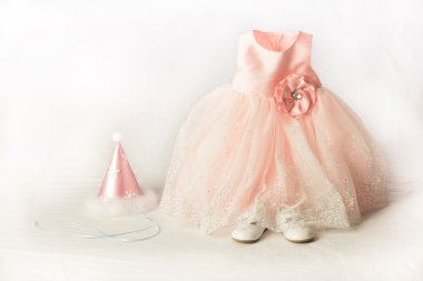 Toddler Pink Frilly Party Dress and Hat clipart