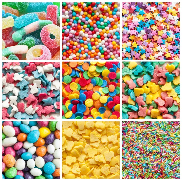 Collage colorido de varios caramelos y dulces —  Fotos de Stock