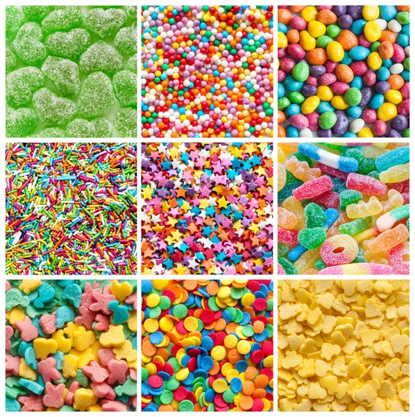 色彩鲜艳的抽象拼贴画各种糖果和甜点作为背景 — 图库照片