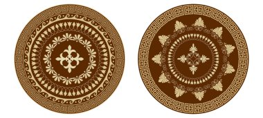 Yunan dairesel süsü altın ve kahverengi renklerde. Seramik, tekstil ve diğer klasik projeler için.