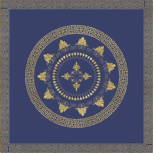 Golden Greek Ornament Blue Background Bandanas Plates Ceramics Wallpaper High — Stock Photo, Image